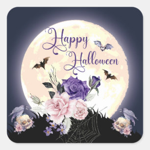 happy halloween spooky moon and watercolor roses square sticker