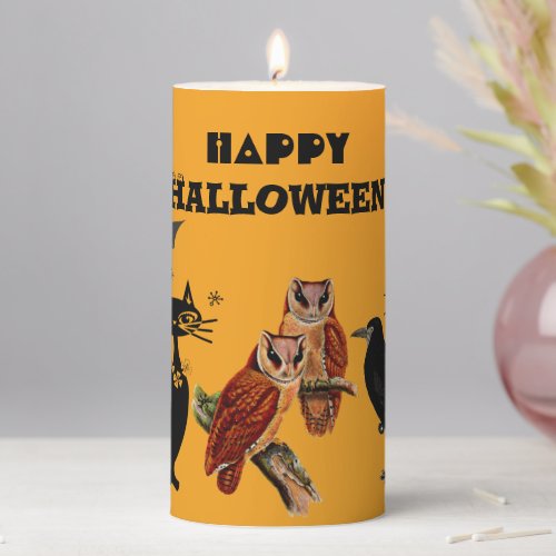 Happy Halloween Spooky Owls Black Cat Raven Decor Pillar Candle