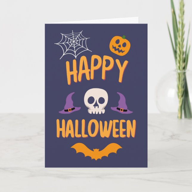 Happy Halloween spooky pumpkin bat orange design Holiday Card (Front)