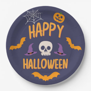 Happy Halloween spooky pumpkin bat orange design Paper Plates