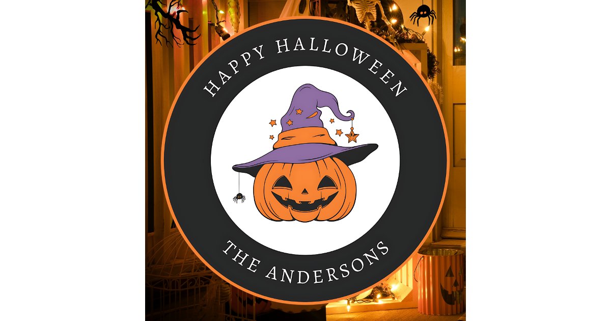 Happy Halloween Spooky Pumpkin Custom Text Classic Round Sticker | Zazzle