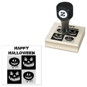Happy Halloween Spooky Pumpkin Ghost Face Rubber Stamp
