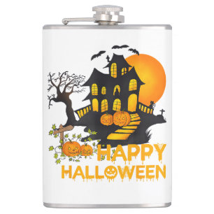 Happy Halloween Spooky Pumpkin Haunted House Men W Flask