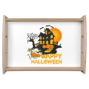 Happy Halloween Spooky Pumpkin Haunted House Men W Serving Tray