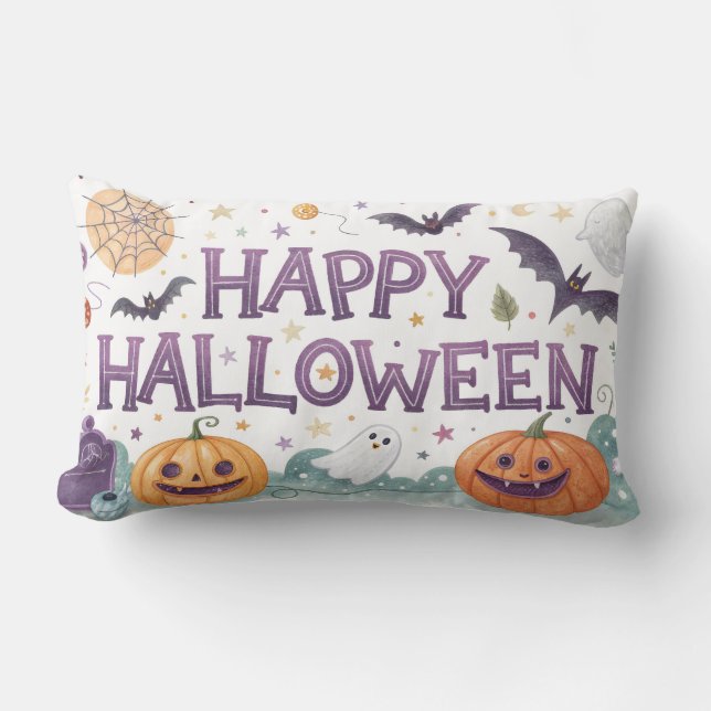 happy halloween spooky pumpkins and bats lumbar pillow (Front)