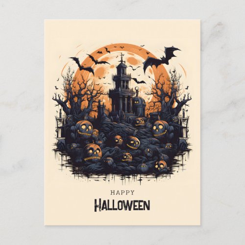 Happy Halloween Spooky pumpkins and bats Postcard