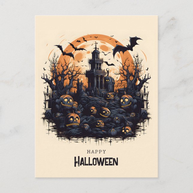 Happy Halloween Spooky pumpkins and bats Postcard (Front)