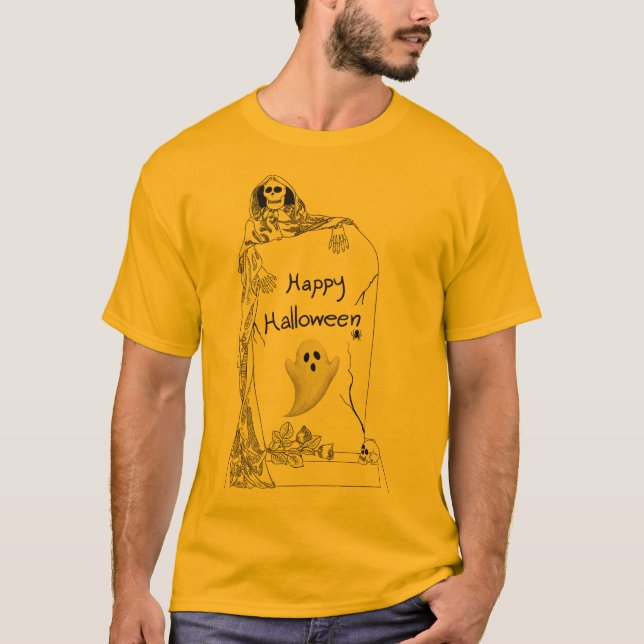 Happy Halloween – Spooky Skeleton and Ghost Design T-Shirt (Front)
