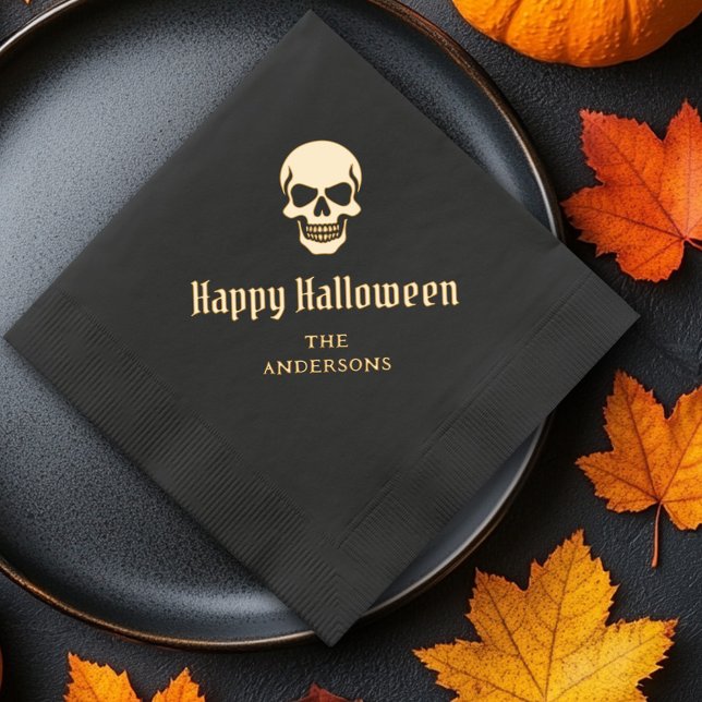 Happy Halloween spooky skull custom name or text Foil Napkins (Happy Halloween spooky skull custom name or text Foil Napkins)