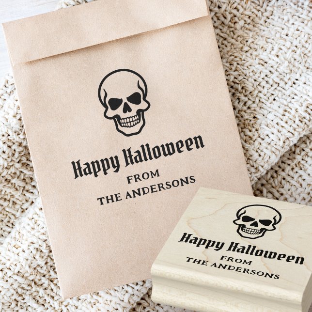 Happy Halloween spooky skull custom name or text Rubber Stamp (Happy Halloween spooky skull custom name or text Rubber Stamp)