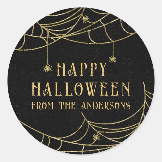 Happy Halloween Spooky Spider Gold Glitter Classic Round Sticker (Front)