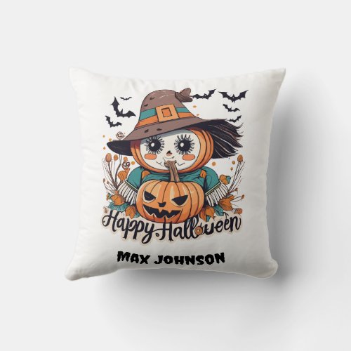 Happy Halloween _ Spooky Squad Orange Black Throw Pillow