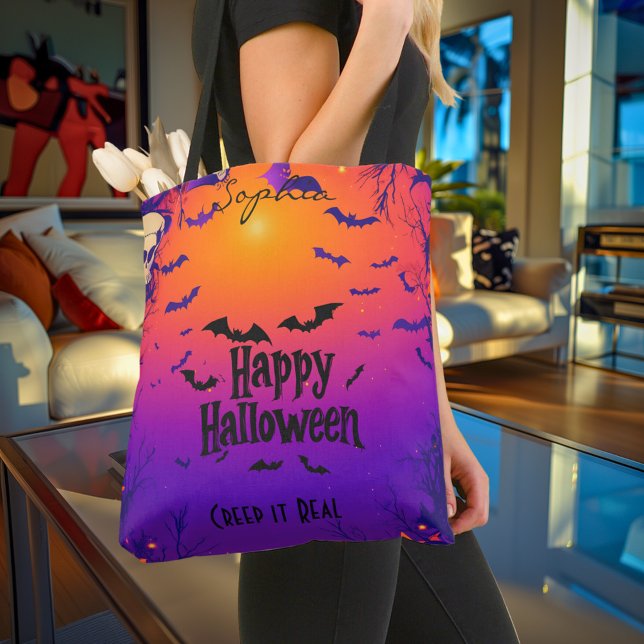 Happy Halloween – Spooky Sunset with Bats & Dark Tote Bag (Creator Uploaded)