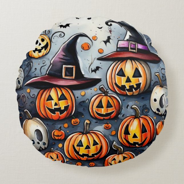 Happy Halloween spooky treat or tricks design Round Pillow (Front)