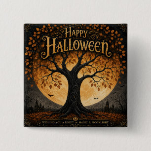 Happy Halloween Spooky Tree Full Moon Gothic Button