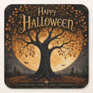 Happy Halloween Spooky Tree Full Moon Gothic Square Paper Coaster