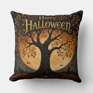 Happy Halloween Spooky Tree Full Moon Gothic Throw Pillow