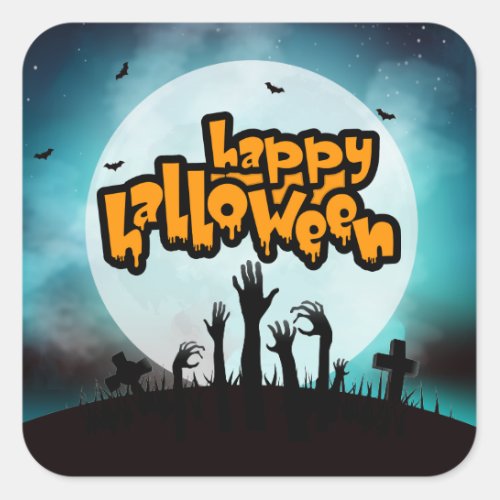 Happy Halloween Spooky Zombie Graveyard Square Sticker