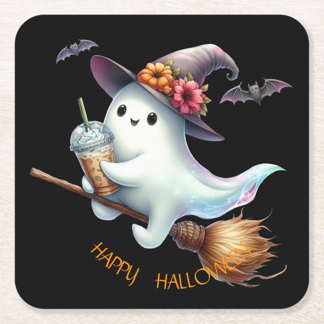 Happy Halloween Square Paper Coaster (Front)