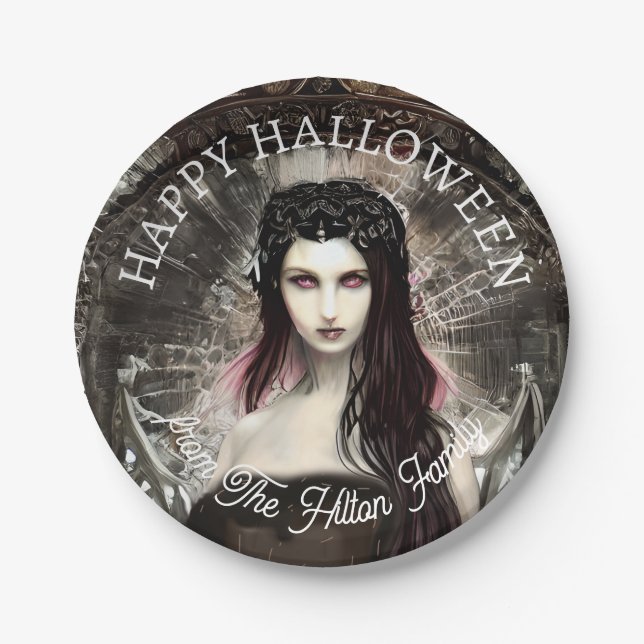Happy Halloween Steampunk Gothic Fallen Angel Paper Plates (Front)