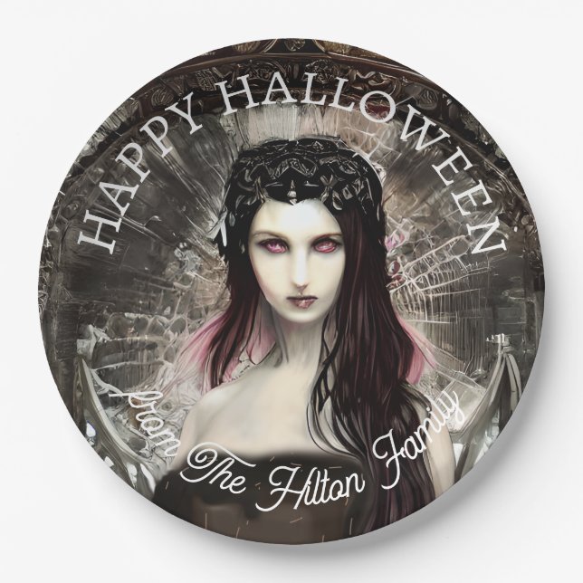 Happy Halloween Steampunk Gothic Fallen Angel Paper Plates (Front)