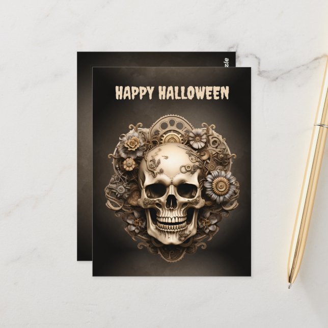 Happy Halloween Steampunk Skull Skeleton Postcard (Front/Back In Situ)