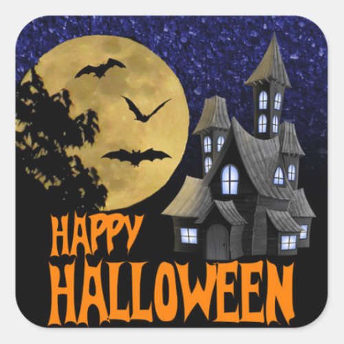 Happy Halloween sticker Haunted house Flying bats
