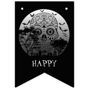 Happy Halloween Sugar Skull Graveyard Full Moon 1 Bunting Flags