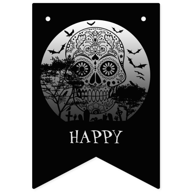 Happy Halloween Sugar Skull Graveyard Full Moon 1 Bunting Flags (First Flag)