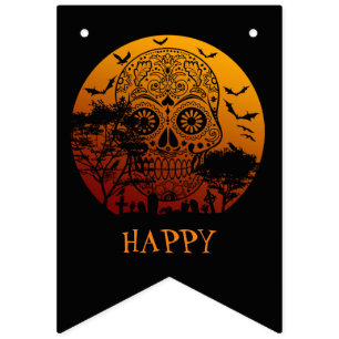 Happy Halloween Sugar Skull Graveyard Full Moon 2 Bunting Flags