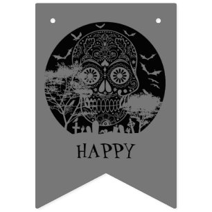 Happy Halloween Sugar Skull Graveyard Full Moon 3 Bunting Flags