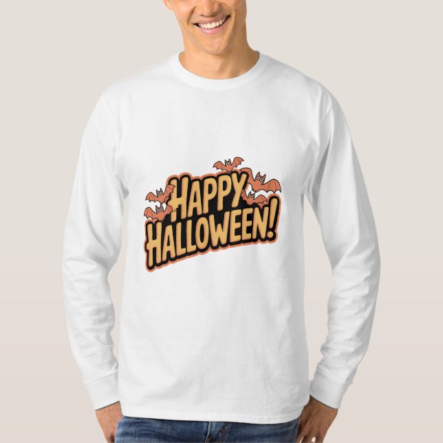 Happy Halloween T-Shirt with Cartoon Bats (Front)