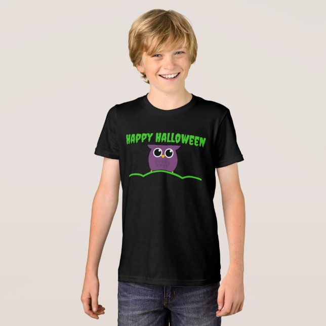 Happy Halloween T-Shirt with Cute Owl Tri-Blend Shirt (Front Full)