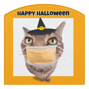 Happy Halloween Tabby Cat in Coronavirus Face Mask Door Sign