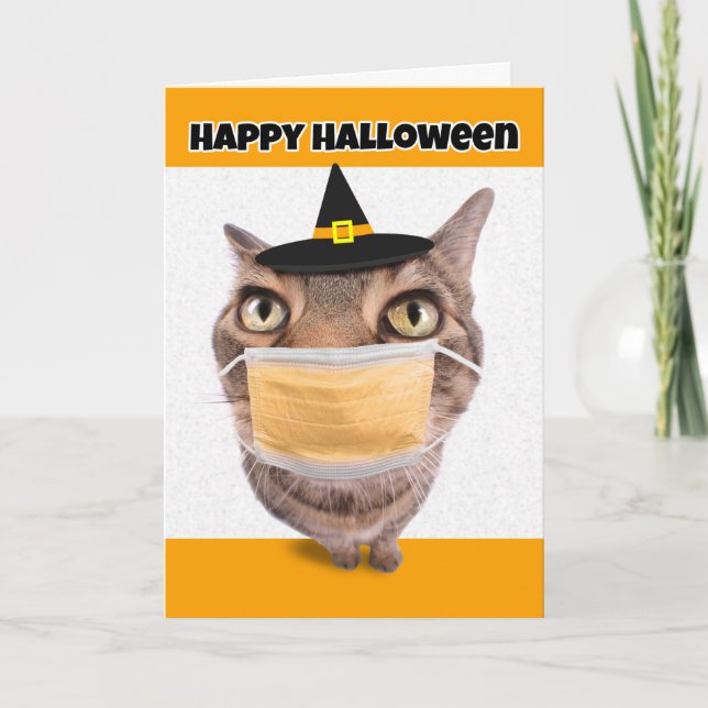 Happy Halloween Tabby Cat in Coronavirus Face Mask Holiday Card (Front)
