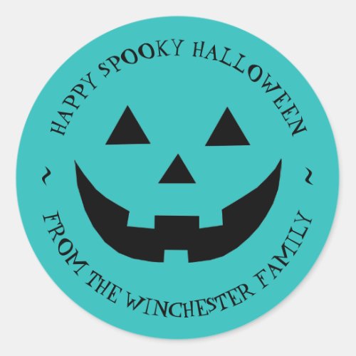 Happy Halloween teal Jack o lantern custom favor Classic Round Sticker