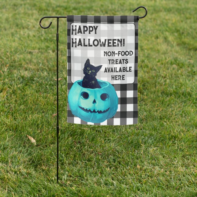 Happy Halloween Teal Pumpkin and Plaid  Garden Flag (In SItu)