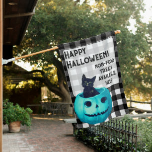 Happy Halloween Teal Pumpkin and Plaid House Flag