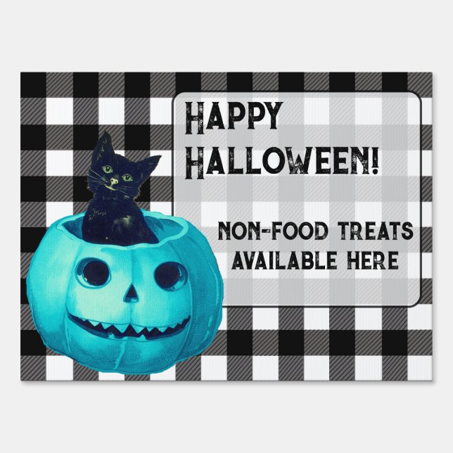 Happy Halloween Teal Pumpkin and Plaid  Sign (Front)
