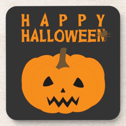 Happy Halloween Text and Pumpkin on Black Beverage Coaster