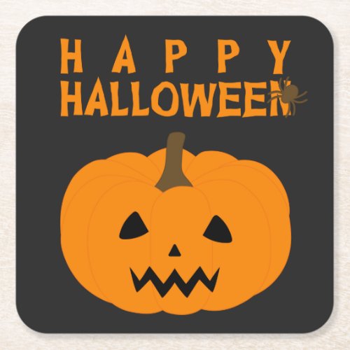 Happy Halloween Text and Pumpkin on Black Square Paper Coaster