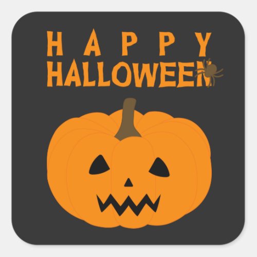 Happy Halloween Text and Pumpkin on Black Square Sticker