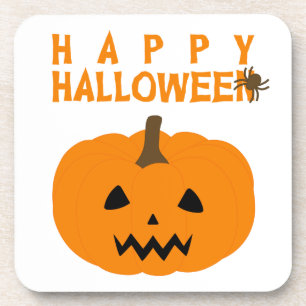 Happy Halloween Text and Pumpkin on White Beverage Coaster