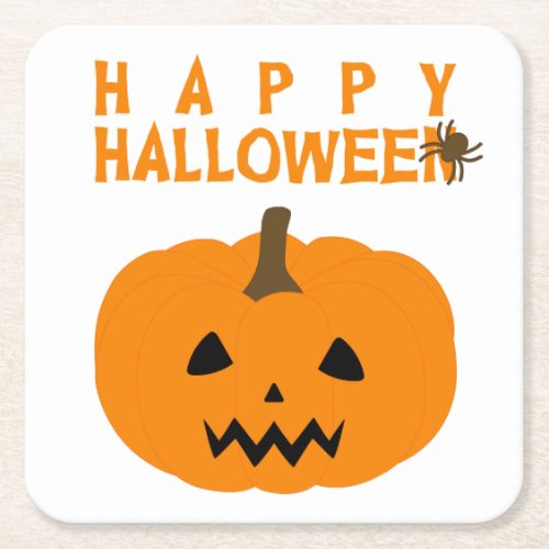 Happy Halloween Text and Pumpkin on White Square Paper Coaster
