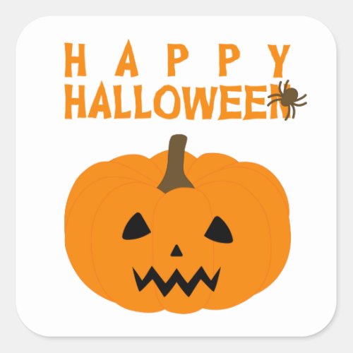 Happy Halloween Text and Pumpkin on White Square Sticker