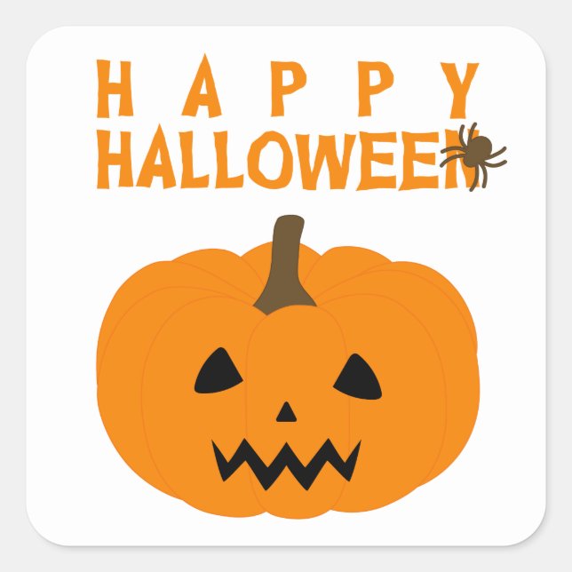 Happy Halloween Text and Pumpkin on White Square Sticker (Front)