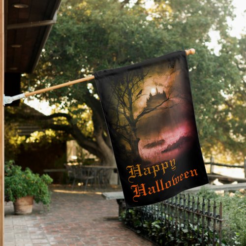 Happy Halloween Text with Castle House Flag
