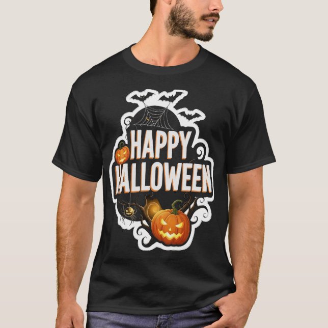 Happy Halloween text with spooky pumpkins bats and T-Shirt (Front)