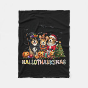 Happy Halloween Thanksgiving Christmas Dog Lovers Fleece Blanket
