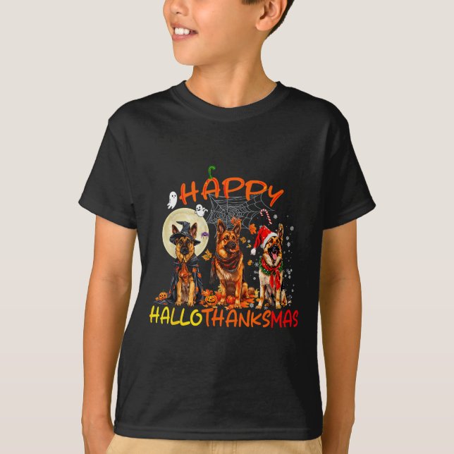 Happy Halloween Thanksgiving Christmas German Shep T-Shirt (Front)